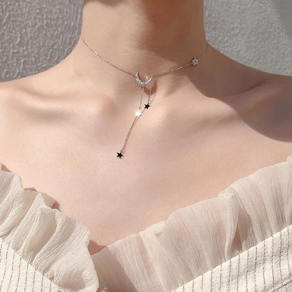 *925 Sterling Silver Diamond Moon Star Necklace A - Picture 2 of 6